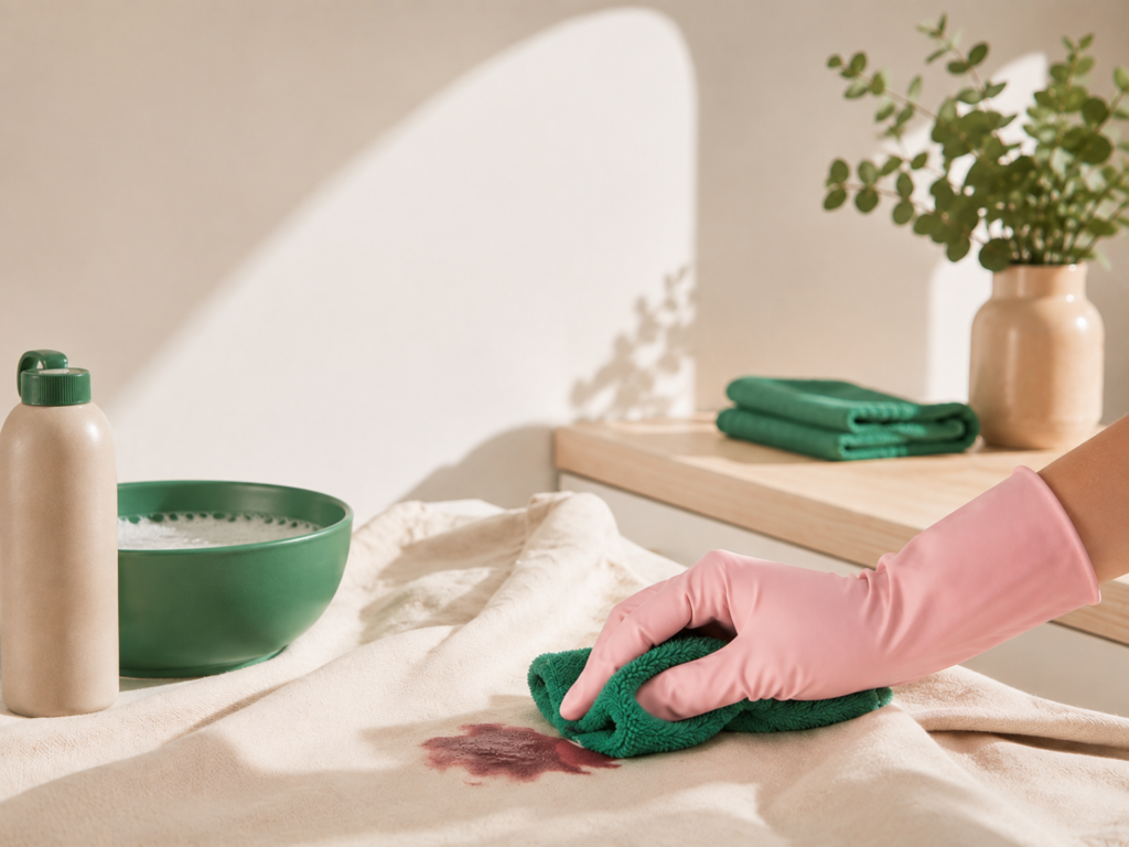 Fläckborttagning av rödvinsfläck med grön trasa och rosa gummihandske